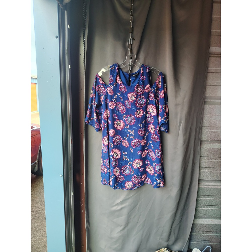 As U‎ Wish Royal Blue Floral Cold Shoulder Mini Dress Medium Scallop Hem Flutter